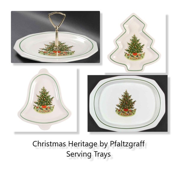 Christmas Heritage Pfaltzgraff 16" Oval Serving Platter - Round w. Handle - Tree Shaped - Bell Shaped - Christmas Tree With Toys