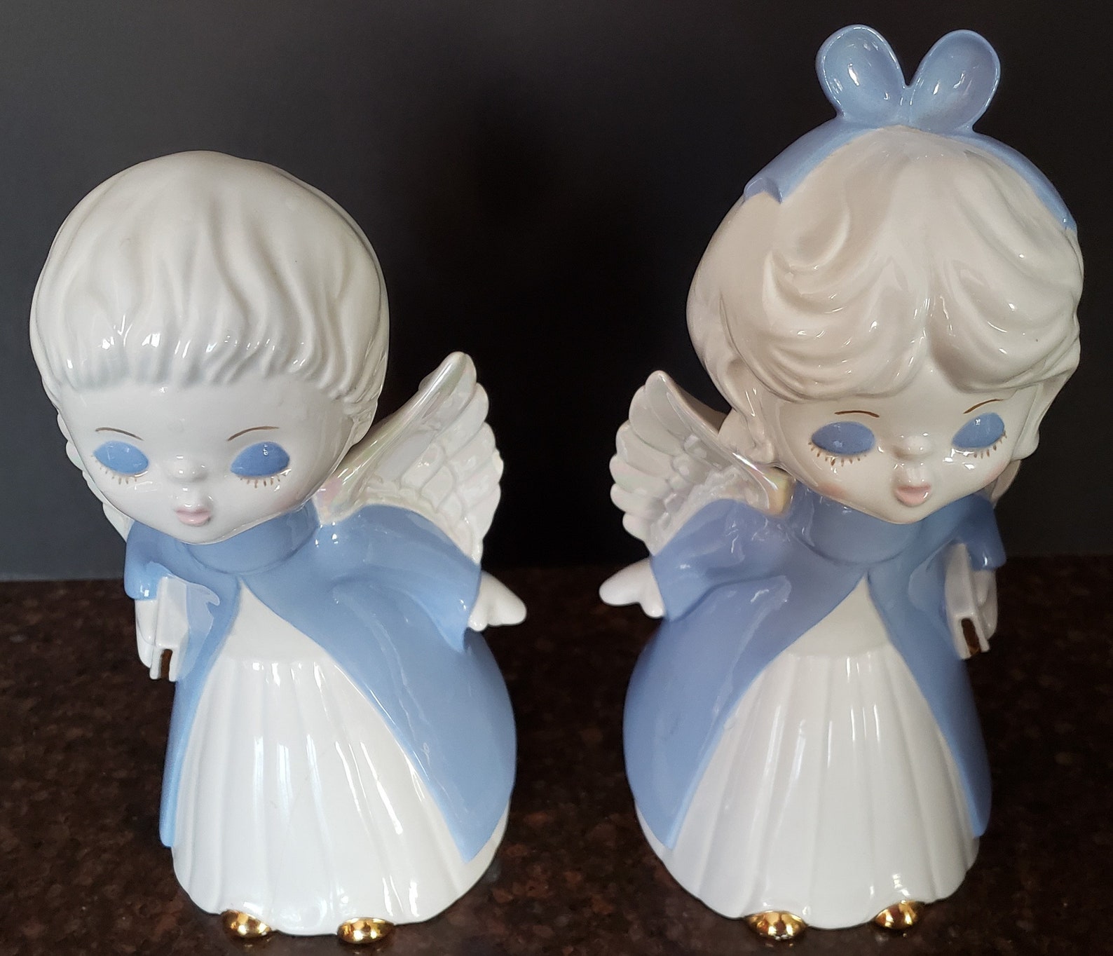 Pair of Vintage Ceramic Kissing Angels Figurines White & Blue Etsy