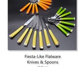 22 Pieces of Fiesta-Like Flatware - 7 Knives -7 Green Teaspoons - 8 Orange Tablespoons