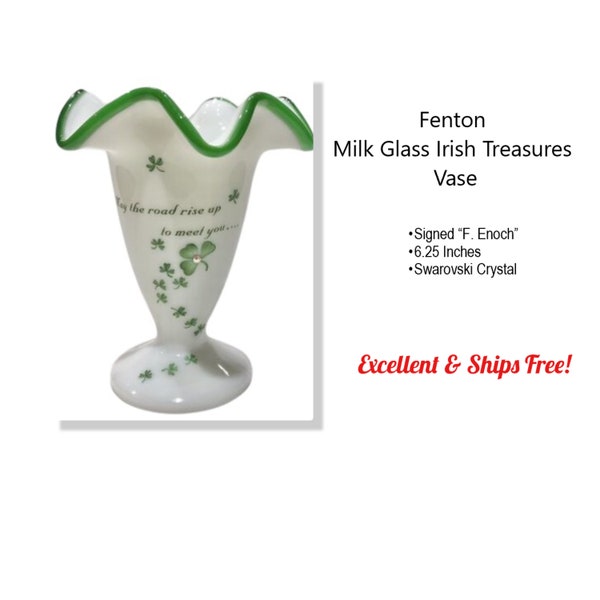 Fenton Irish Treasures Shamrock Milk Glass Fluted Vase * 6 Inch * Swarovski Crystal * Hand Painted * F. Enoch *  Excellent * Ships FREE!