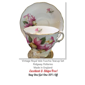 May include: Vintage Royal Vale Fuschia teacup and saucer set. The set features a floral design with pink and yellow flowers. The teacup and saucer are made of fine bone china and have a gold trim.