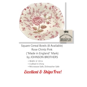Square Cereal Bowls in Chintz Rose by Johnson Brothers Made in England Bull Stamp * Excellent * Ships Free
