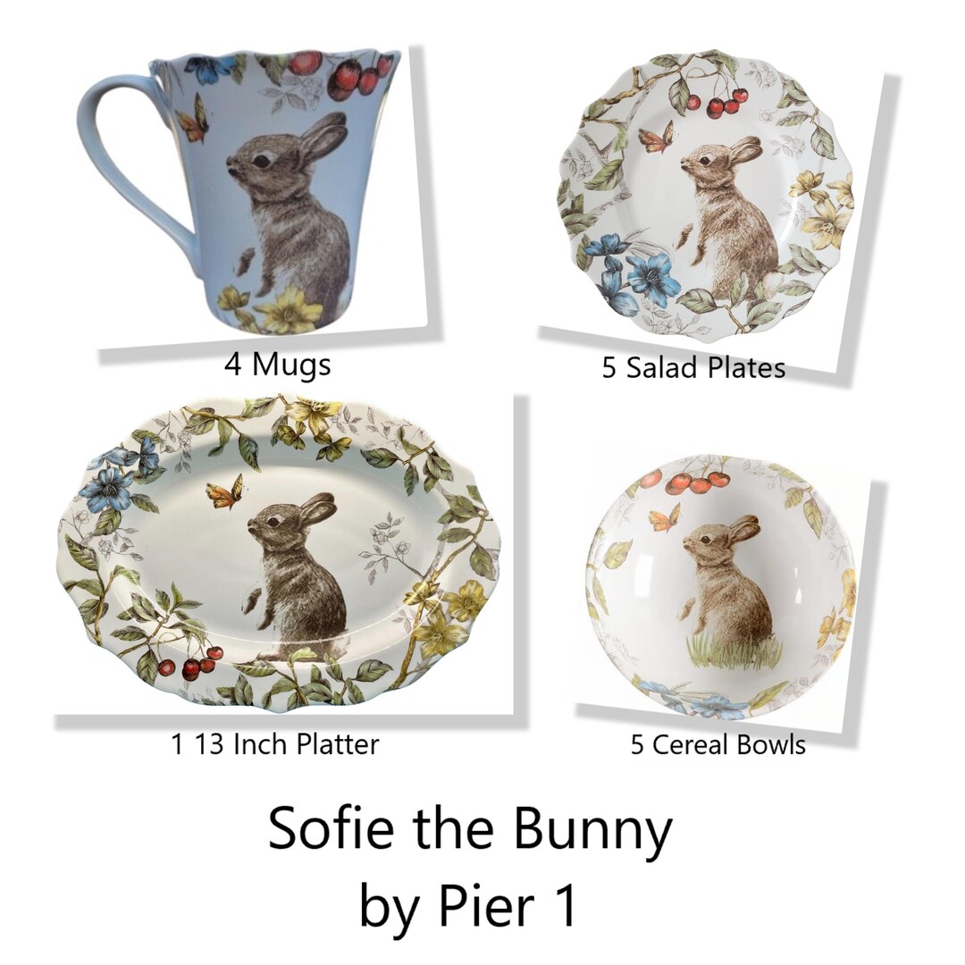 15 Pieces Sofie the Bunny by Pier 1 * 5 * Salad * 4 Mugs * 5 Cereal ...