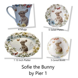 May include: A set of Sofie the Bunny dinnerware by Pier 1, featuring a light blue mug, a 13-inch oval platter, a salad plate, and a cereal bowl. Each piece features a whimsical illustration of a brown bunny with a butterfly and flowers on a white background.