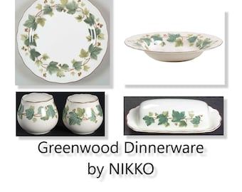 16 Pcs Greenwood Dinnerware by Nikko•  Dinner Plates  - Rim Bowls - Butter Dish - Salt & Pepper - EXCELLENT - Green Ivy