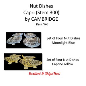 Puede incluir: La imagen muestra juegos de cuatro cuencos para nueces Capri de Cambridge, alrededor de 1940. Un juego es Azul Luz de Luna, y el otro es Amarillo Capricho. Los cuencos tienen un diseño en forma de concha.