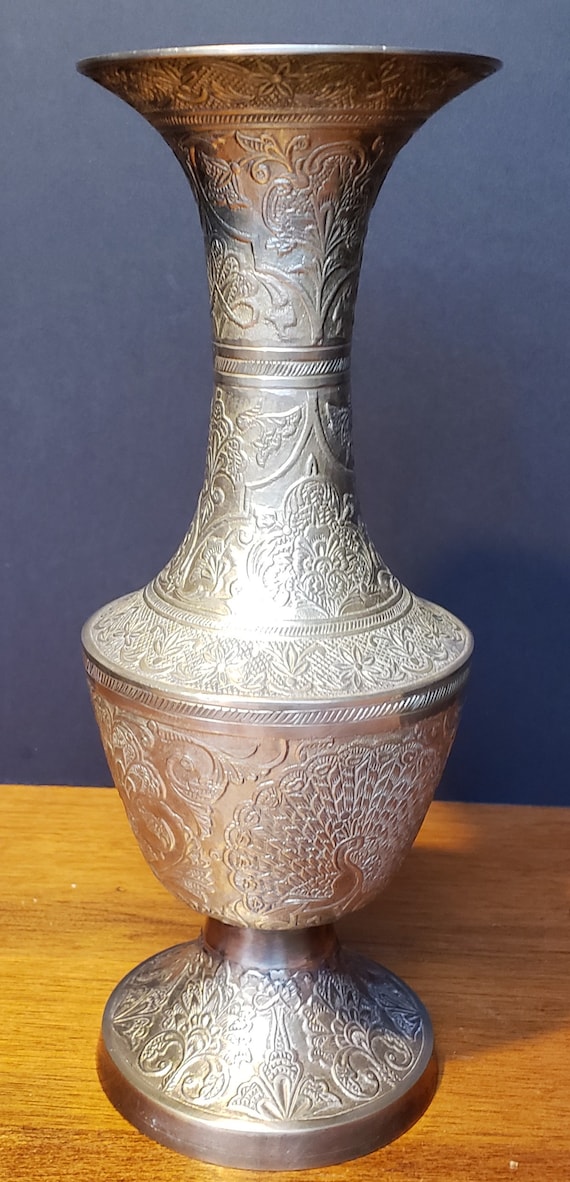 Vase, massive Messing Vase, indien, pfauenblau, 30,5 cm, Messing-Dekor, geätzte Messingvase, kostenloser Versand!
