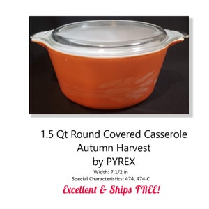 Cacerola redonda Autum Harvest de Pyrex de 1,5 cuartos - EX - Envío GRATIS