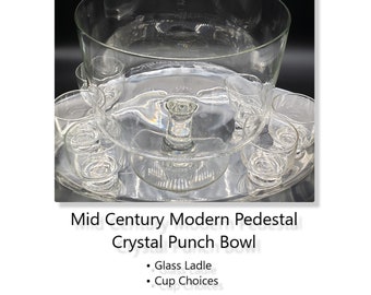 Elegant Pedestal Crystal Punch Bowl & 7 Glasses  -  Glass  Punch Ladle - Choice -  Moderno Cups EX - Ships FREE