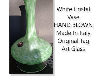 Jarrón de cristal blanco SOPLADO A MANO Hecho en Italia Verde Etiqueta Original Art Glass