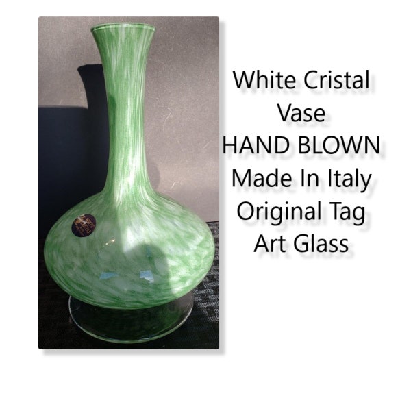 Weiße Kristall Vase HANDGEBLASEN Made in Italy Grün Original Tag Art Glas