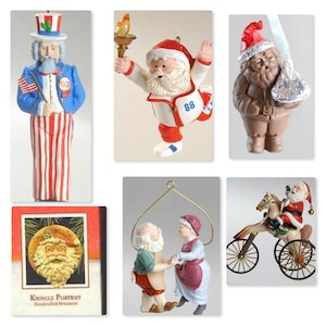 May include: A collection of six Christmas ornaments featuring Santa Claus in various poses. One ornament depicts Santa Claus dressed as Uncle Sam, another shows Santa Claus running with a torch, and another shows Santa Claus riding a rocking horse. The ornaments are made of porcelain and are hand-painted.