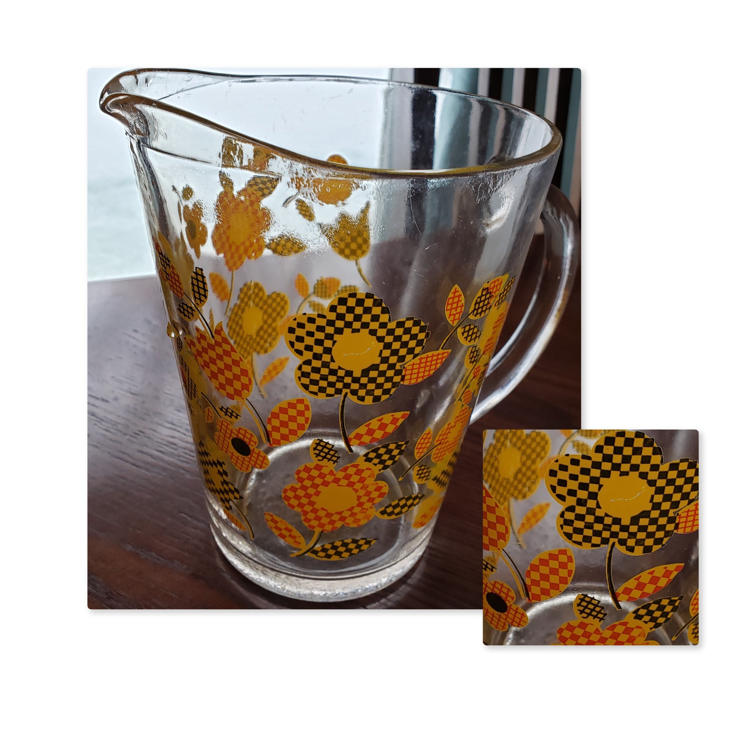 Vintage Mid Century Checkered Flower Power Retro Green Orange