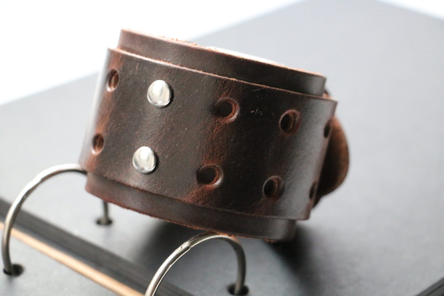 Men's Double Layer Genuine Leather Cuff Bracelet - Wide Black Bangle Wristband With Buckle Clasp - View #4