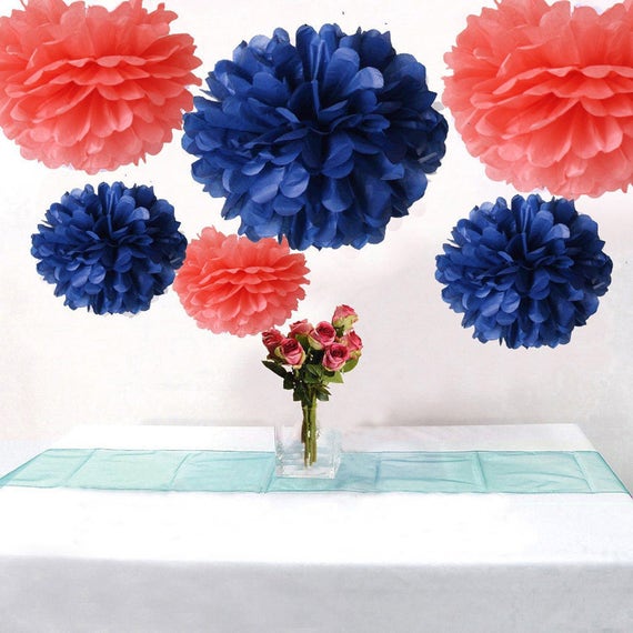 Set Of 6 Coral Navy Blue Party Tissue Paper Pom Poms Wedding Etsy