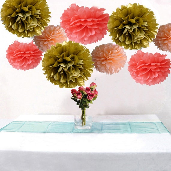9pcs Mixed Coral Peach Gold Diy Tissue Paper Flower Pom Poms Etsy