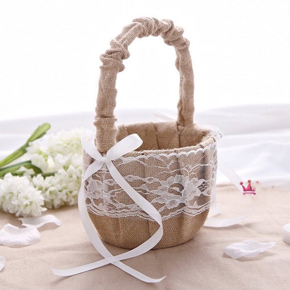 Burlap Flower Girl Basket Rustic Lace Wedding Basket Hessian Etsy