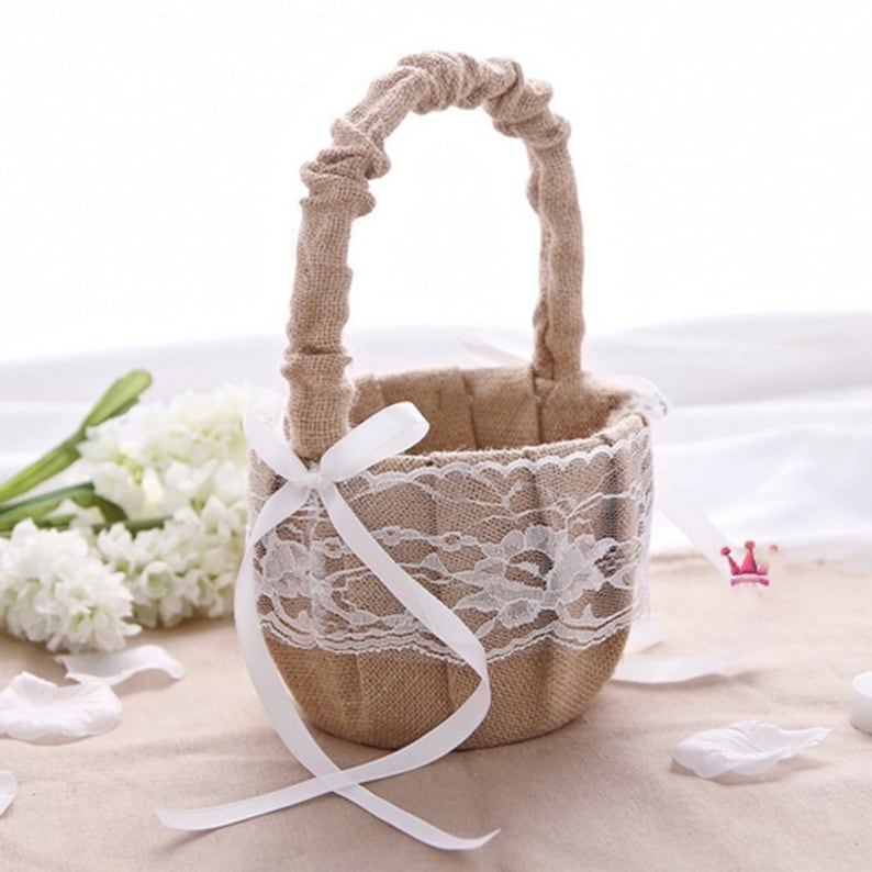 Burlap Flower Girl Basket Rustic Lace Wedding Basket Hessian Etsy