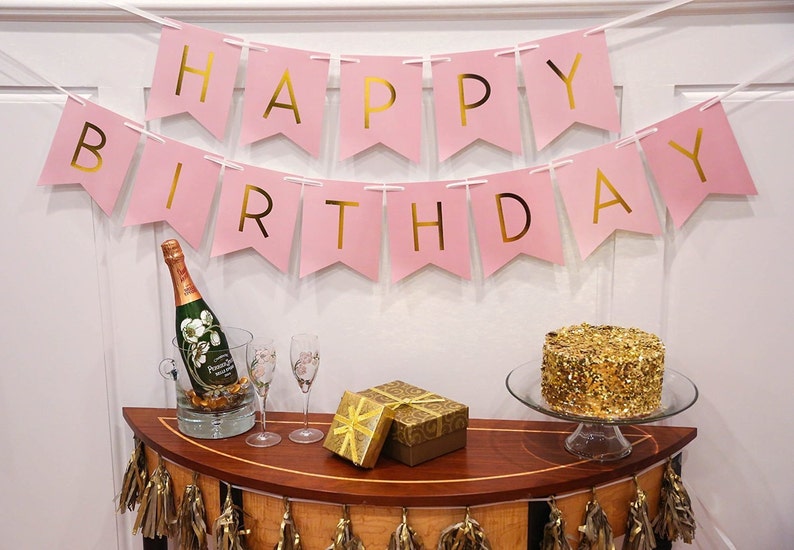 Pastel Pink /& Gold Happy Birthday Bunting Banner Girl Baby Shower Birthday Party Hanging Decoration