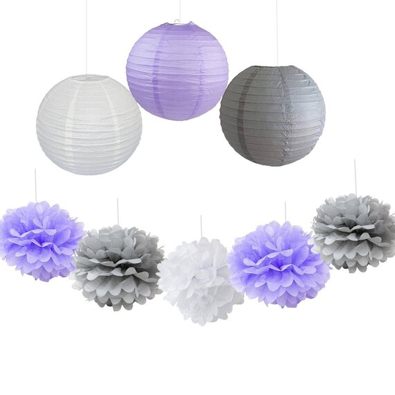 Set Of 9 Mixed Purple Grey White Tissue Paper Pom Poms Hanging Paper Lantern Ball Wedding Birthday Baby Shower Nursery Decoration