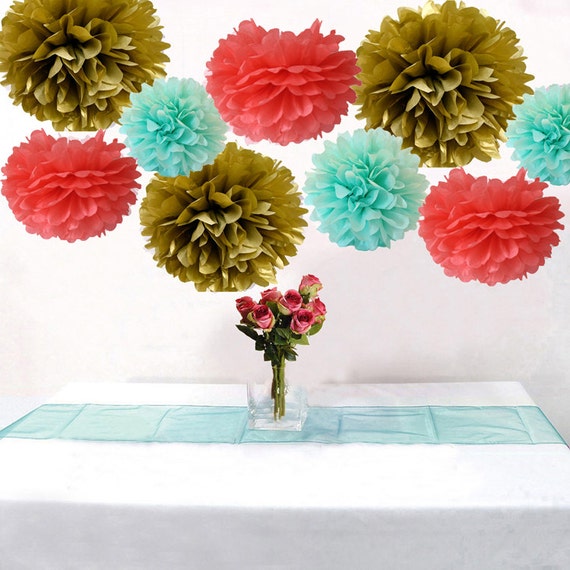9pcs Mixed Coral Mint Gold Diy Tissue Paper Flower Pom Poms Etsy