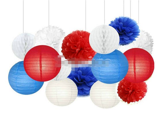 Set Of 15 Royal Blue Red White Tissue Pom Poms Paper Lantern Etsy