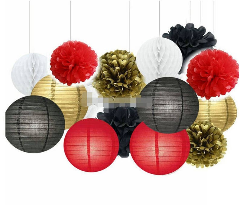 15pcs Gold Black Red Tissue Pom Poms Paper Lanterns Etsy