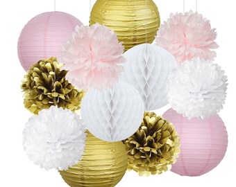 Set of 12 Pink Gold Party Decoration Kit Tissue Paper Pom Pom Honeycomb Ball Paper Lantern Wedding Party Birthday Baby Shower Decoration