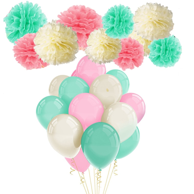 39pcs Pink /& Mint Green Tissue Pom Poms Paper Flower and Party Balloons for Baby Shower Birthday Wedding Decoration