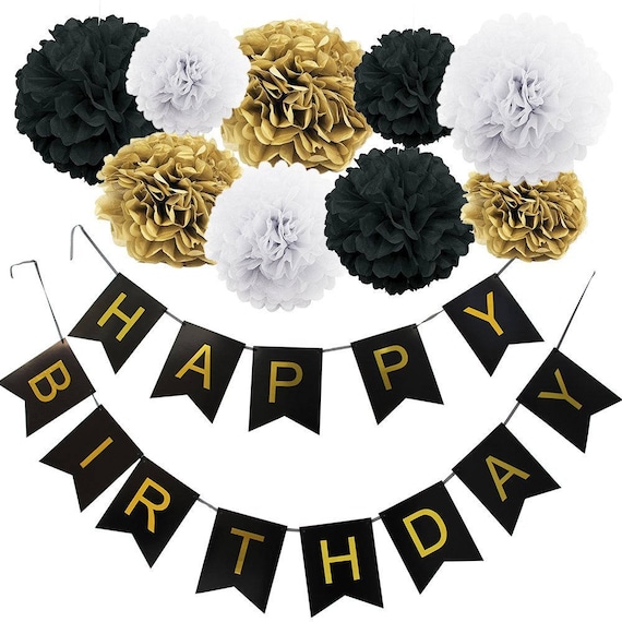 Set of 10 Black Gold WhiteTissue Pom Poms Flower Balls Happy Etsy