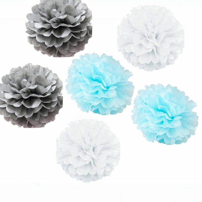 Set of 12 Mixed Baby Blue Gray White Tissue Pom Pom Hanging Paper Flower Ball Wedding Boy Birthday Baby Shower Party Decoration