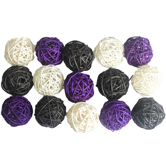15 Pack 2 Small Black Orange Purple Decorative Wicker Rattan Balls Sphere Craft Orbs Vase Filler Halloween Christmas Tree Hanging Decor Vampire Themed Party Birthday Wedding Decoration Kids Toy