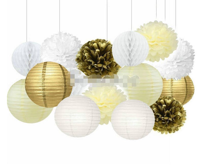 15pcs Ivory Gold White Tissue Pom Poms Paper Flowers Paper Etsy