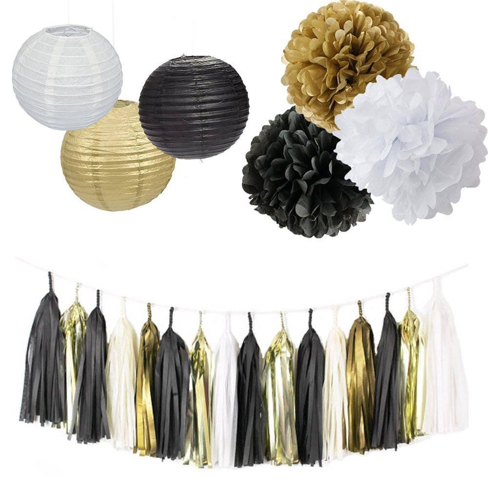 15PCS Mixed Gold Black White Tissue Pom Poms Paper Lantern Etsy