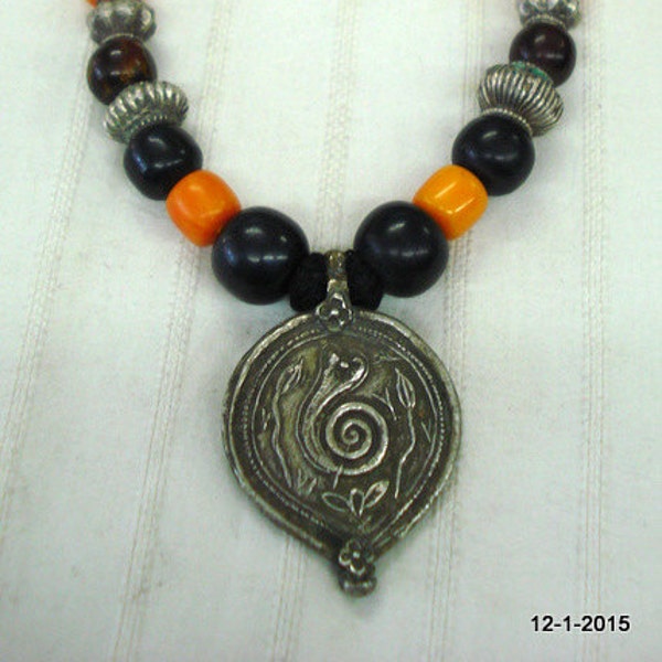vintage antique tribal old silver beads necklace naga amulet pendant
