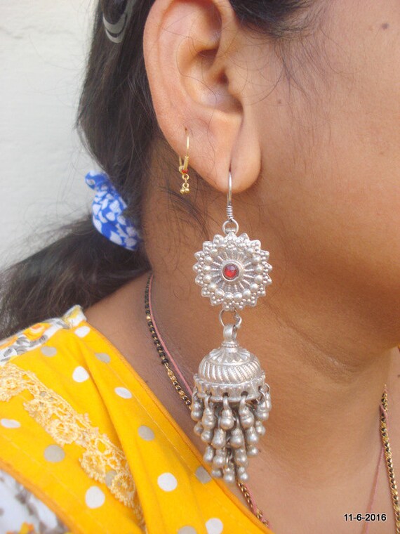 vintage antique tribal old silver dangle earrings earplug indian jewellery