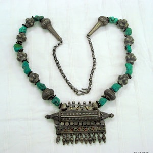 vintage antique tribal old silver necklace amulet pendant turquoise beads