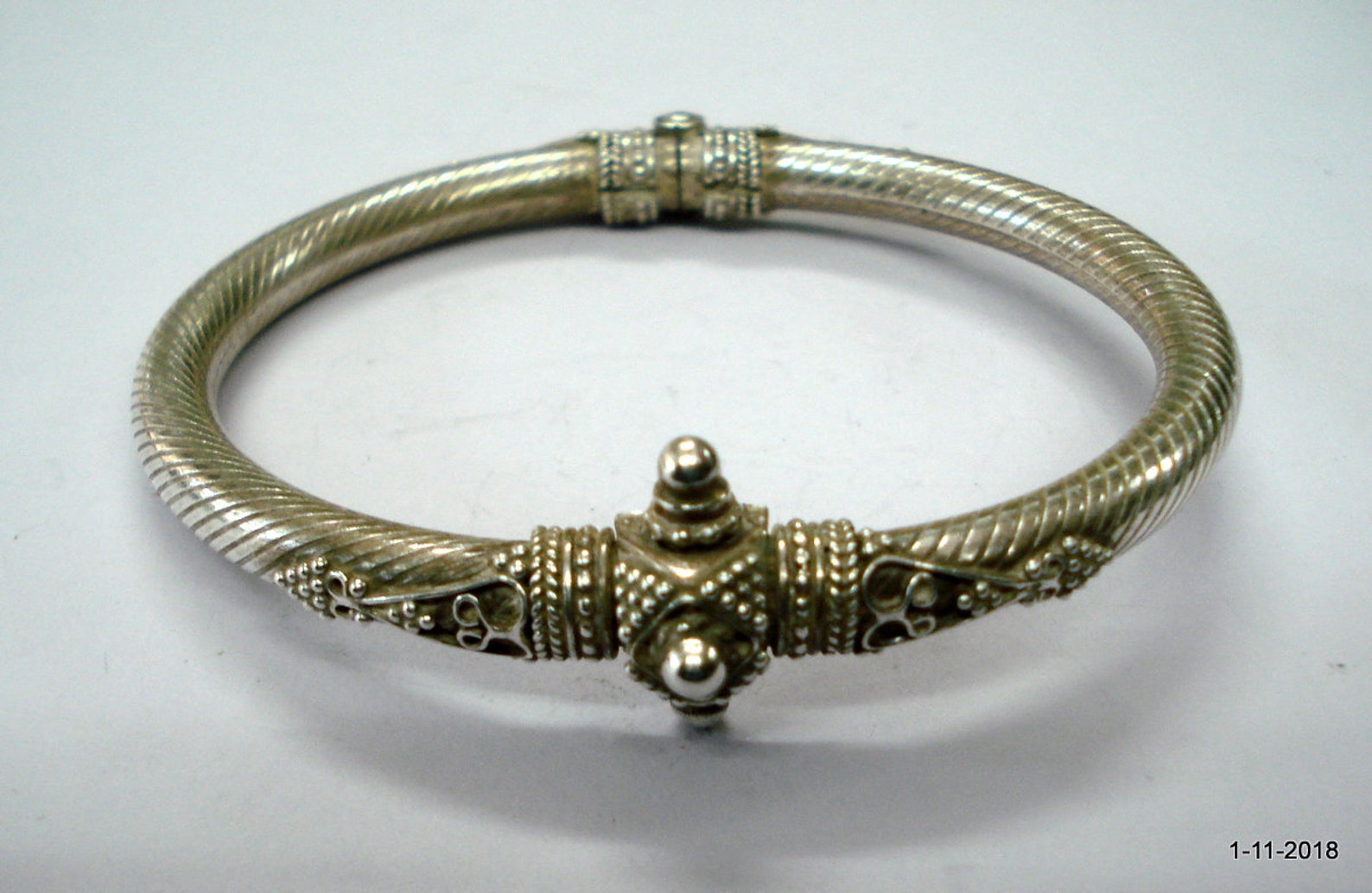 Bracelet Artisanal Vintage En Argent 925 Doré Avec Nacre - Style Jonc - Bon état - Origine France
