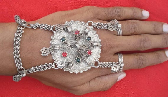 vintage antique ethnic tribal old silver dorsal hand ornament bracelet rings
