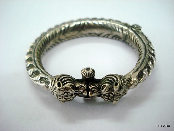 Sterling Silver Bangle Bracelet Tiger Heads Handmade Jewelry