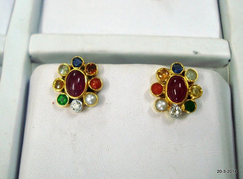 18k gold earrings ear stud navratan gemstone stud diamond ruby | Etsy