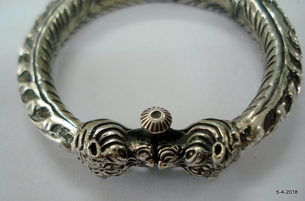 Sterling Silver Bangle Bracelet Tiger Heads Handmade Jewelry