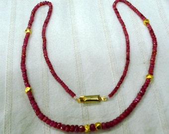 ruby gemstone faceted beads necklace strand with gold beads