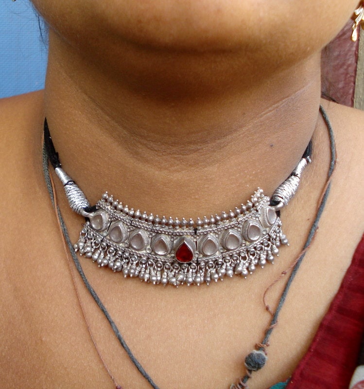 Collier Bavoir Indien En Argent Sterling Signé RA Rajasthan - Vintage