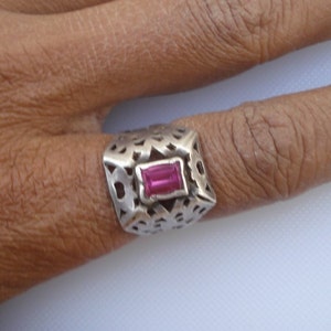 vintage antique tribal old silver ring pink glass stone ring handmade