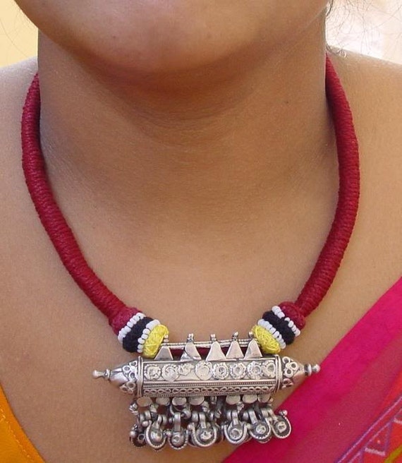 vintage antique tribal old silver necklace amulet… - image 2