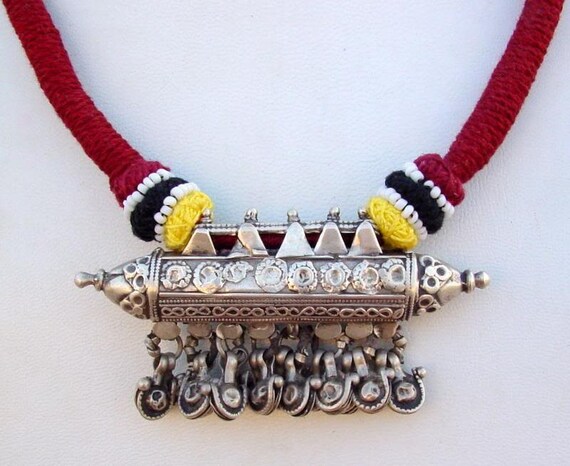 vintage antique tribal old silver necklace amulet… - image 3