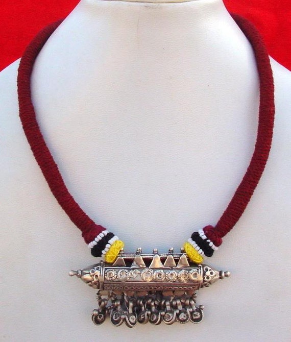 vintage antique tribal old silver necklace amulet… - image 1