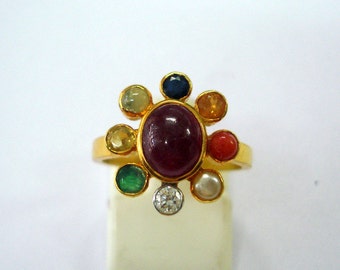 18kt gold Ring navratan gemstone Ring diamond ruby emerald etc. Ring