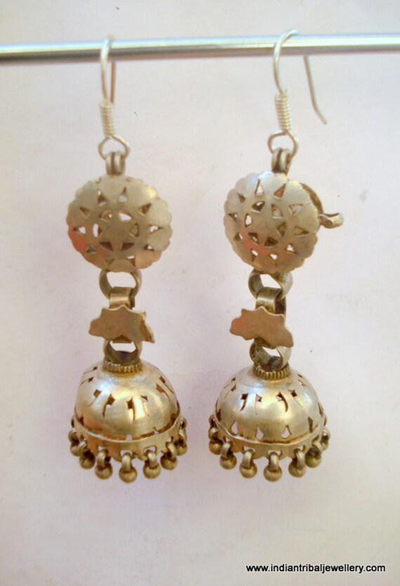 vintage antique ethnic tribal old silver earrings earplug dangle india